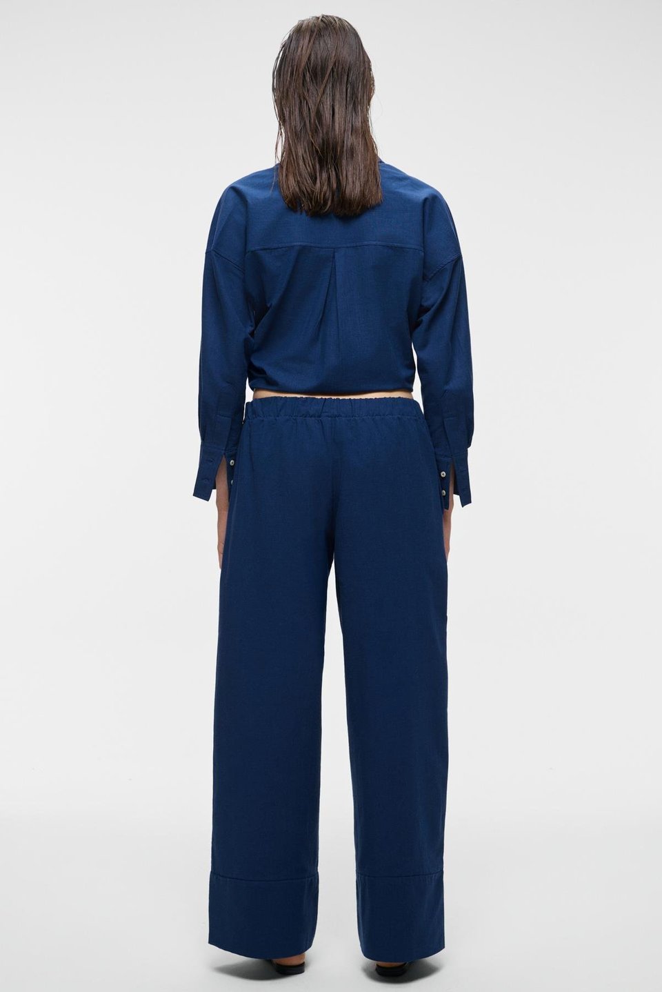 MELANCHOLI Kadın %100 Pamuk Keten Görünümlü Yüksek Bel Lastikli Bel Lacivert Pantolon