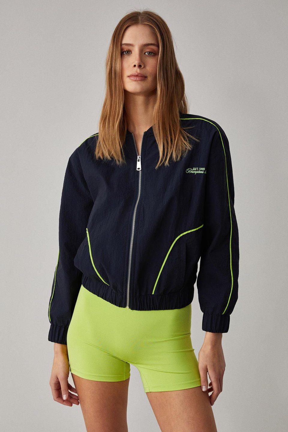 MERLYAN Kadın Bomber Yaka Oversize Fermuarlı Lacivert Ceket