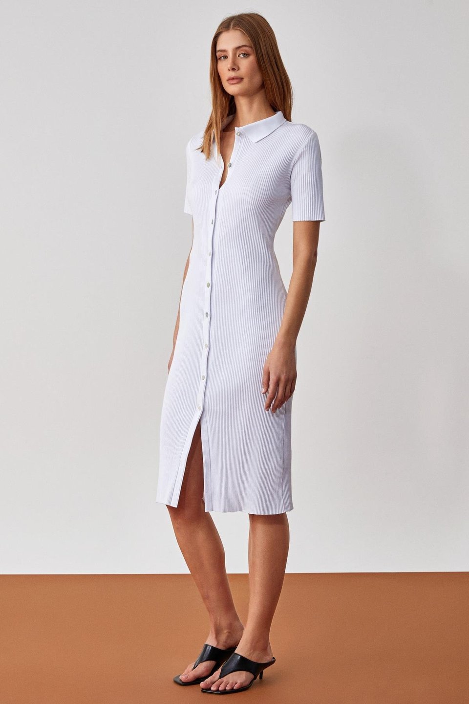 MOUNTYA Kadın Düğmeli Slim Gömlek Yaka Beyaz Elbise