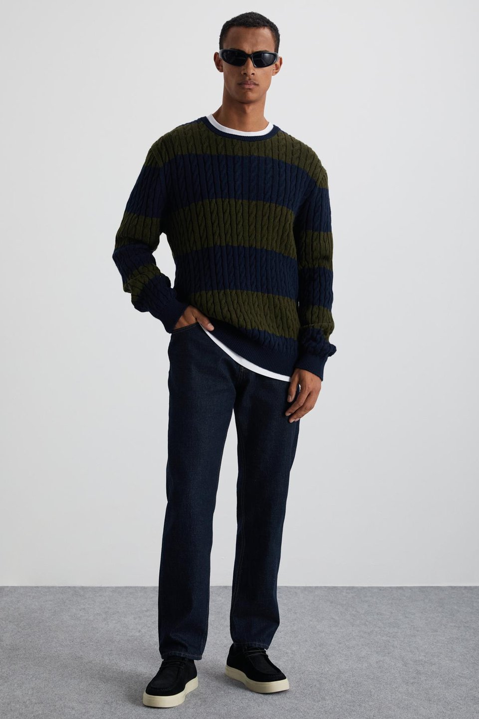 NARVIK Erkek Recyle Yumuşacık Bisiklet Yaka Saç Örgü Desenli Triko Lacivert-Yeşil Kazak