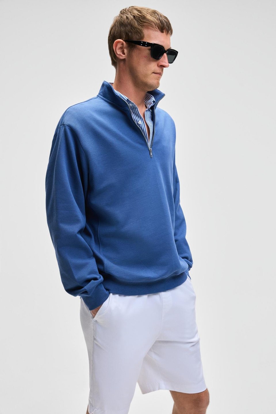 NESTOR Erkek Relaxed Fit Dik Yakalı Yarım Fermuarlı Uzun Kollu Mavi Sweatshirt