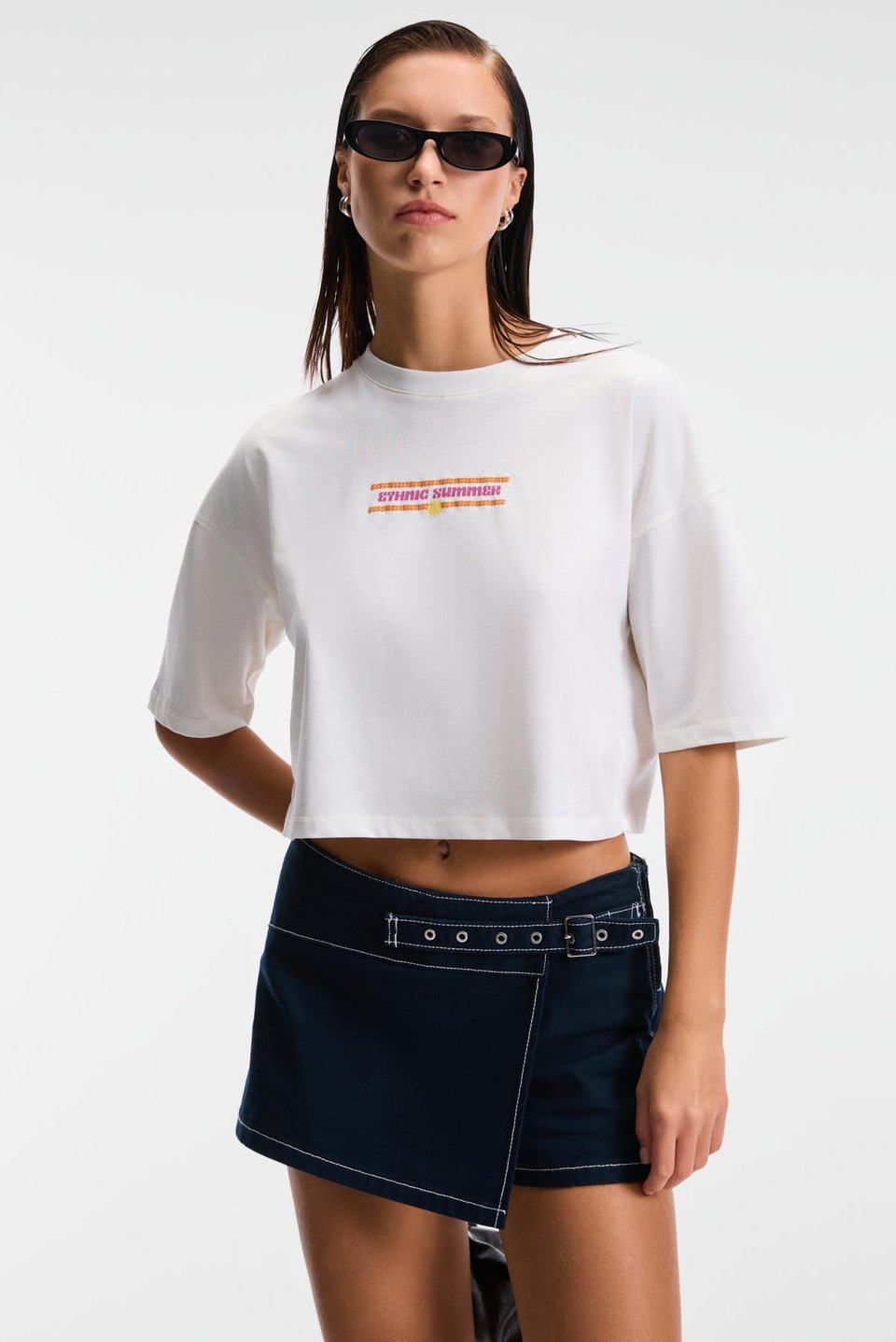 ORELZA Kadın %100 Pamuk Baskılı Yuvarlak Yaka Oversize Fit Ekru T-Shirt