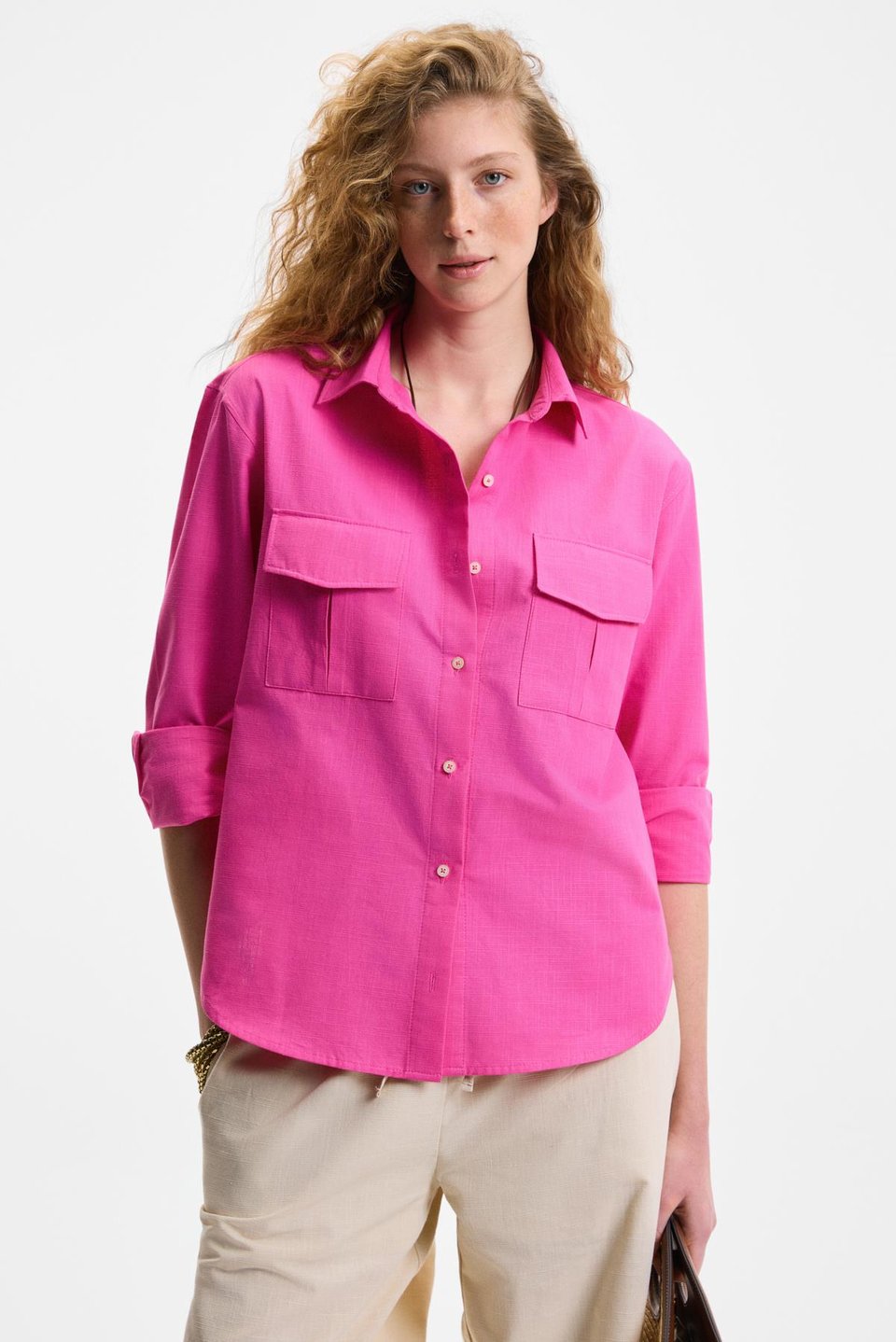 RIGO Kadın Gömlek Yaka Uzun Kol Regular Uzun İnce Fuşya Gömlek