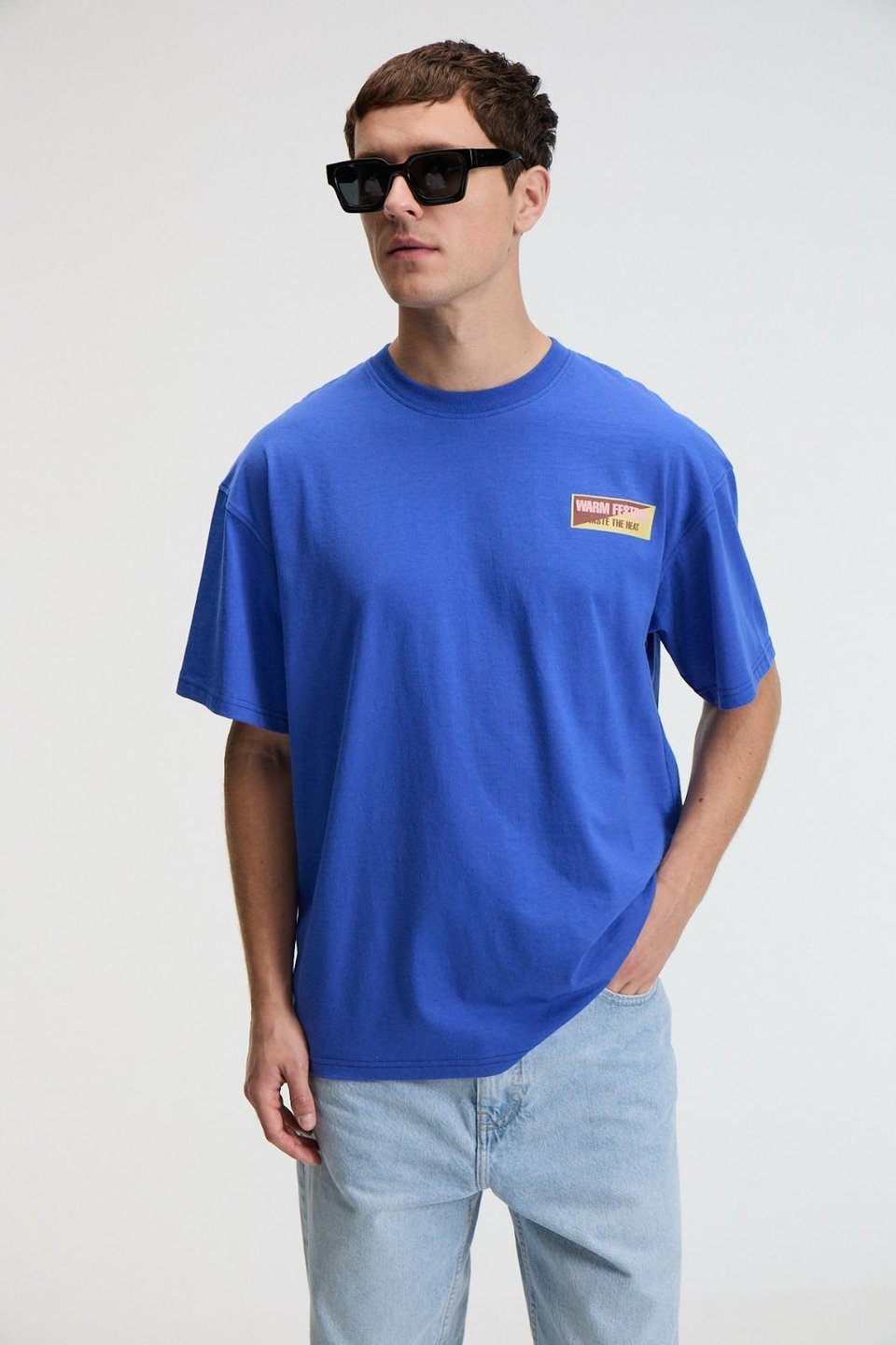 SNACK Erkek Oversize Fit %100 Pamuk Baskılı Yuvarlak Yaka Saks Mavi T-Shirt