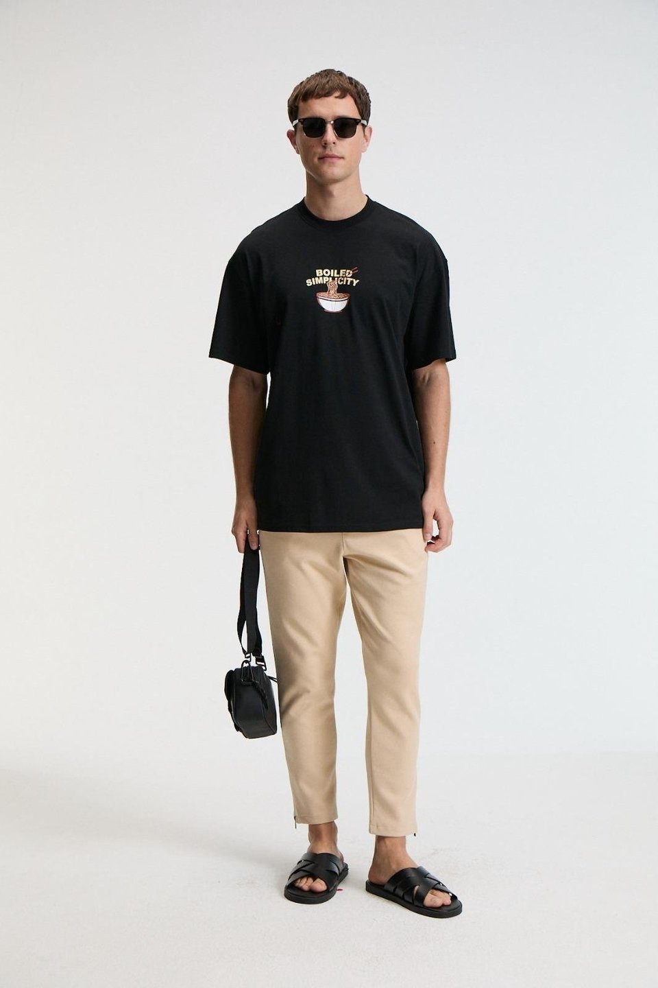 SNACK Erkek Oversize Fit %100 Pamuk Baskılı Yuvarlak Yaka Siyah T-Shirt