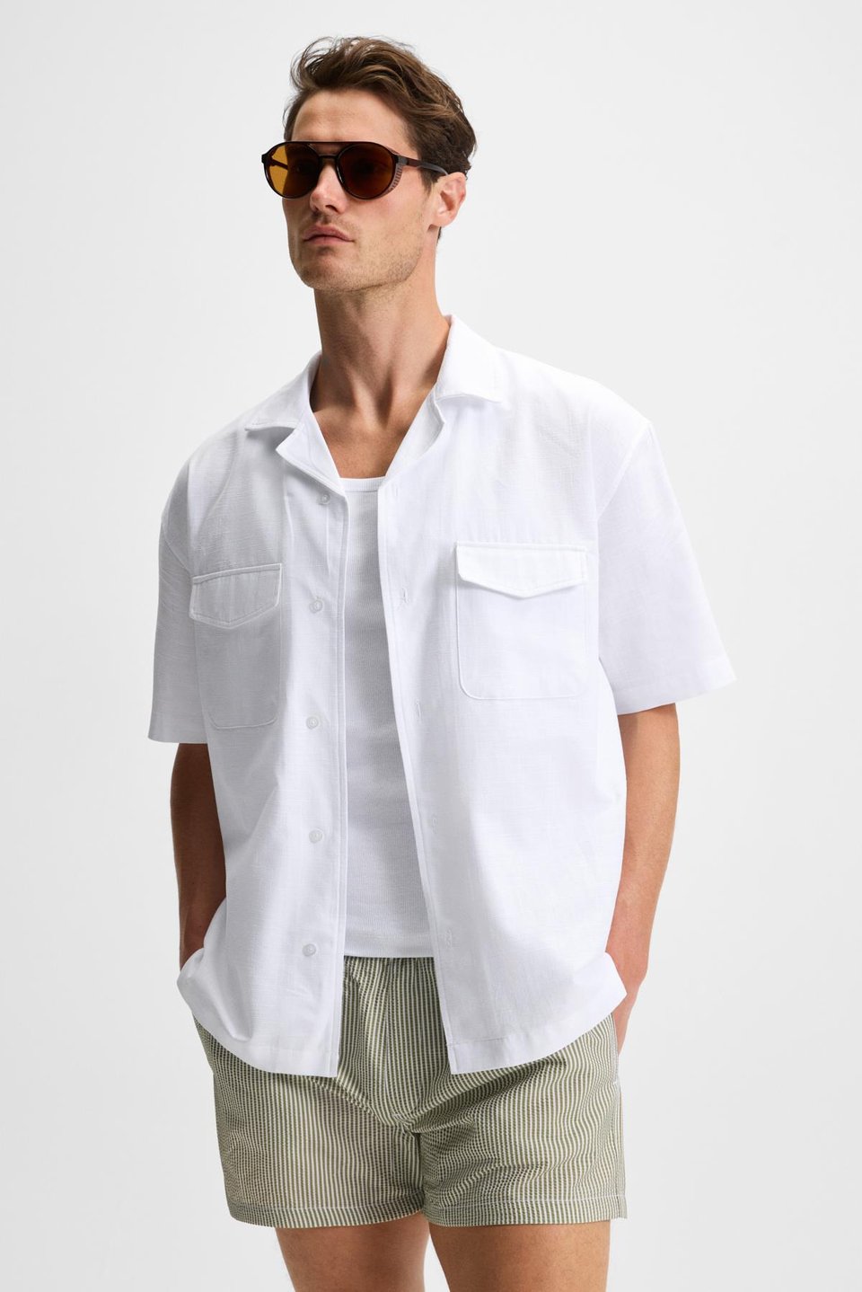 TERO Erkek %100 Pamuk Apaj Yaka Kısa Kollu Flamlı Oxford Comfort Fit Hawaii Beyaz Gömlek