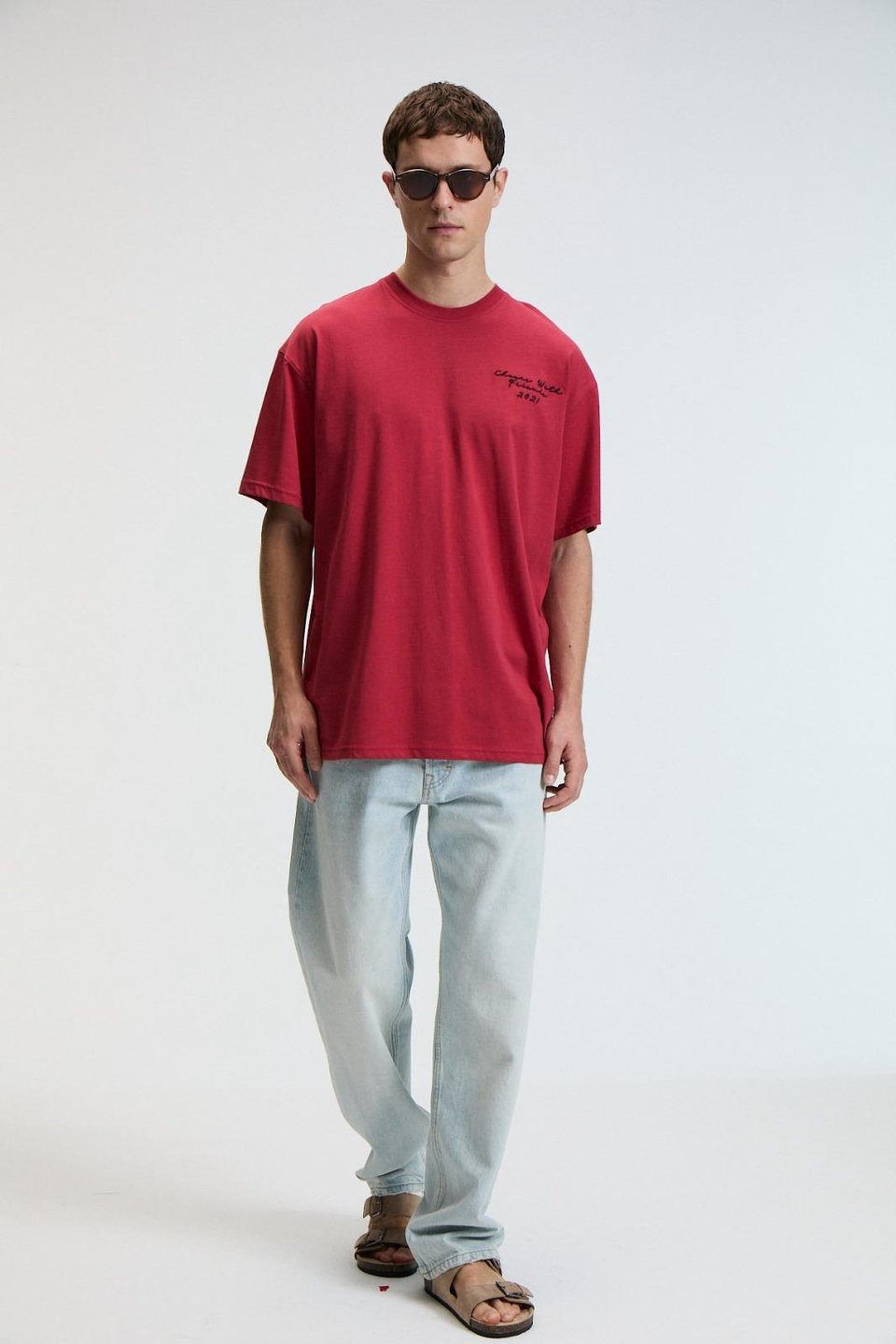 TREAT Erkek Oversize %100 Pamuk Baskılı Yuvarlık Yaka Kırmızı T-Shirt