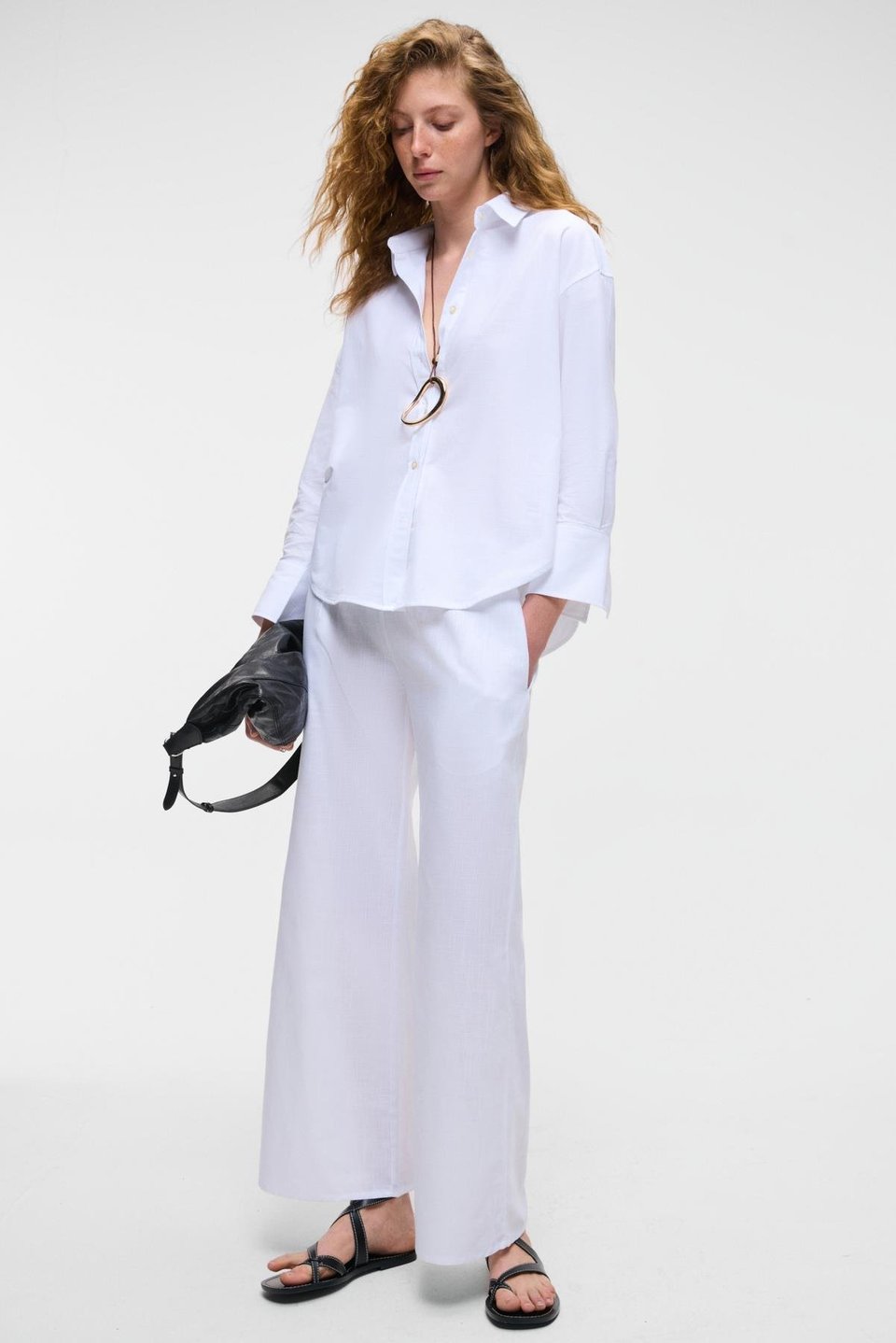 UBANA Kadın %100 Pamuk Keten Görünümlü Comfort Fit Beyaz Pantolon