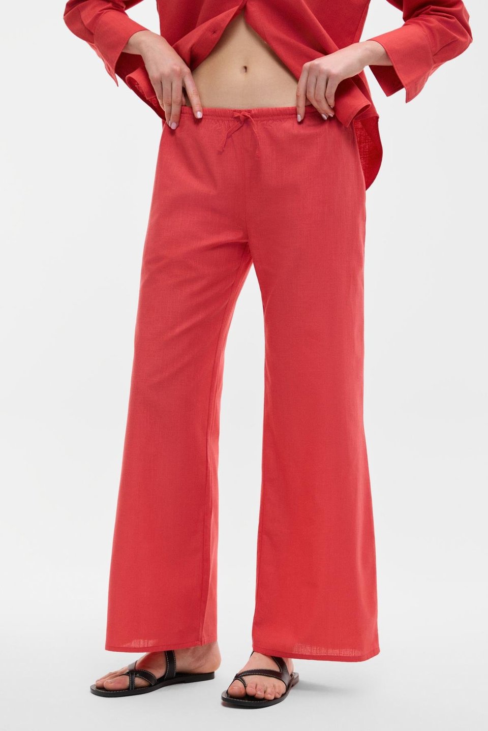 UBANA Kadın %100 Pamuk Keten Görünümlü Comfort Fit Kırmızı Pantolon