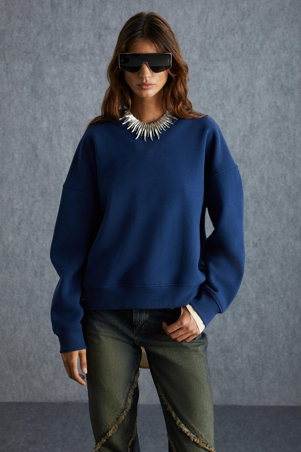 VANELTINA Kadın İçi Polarlı 3 İplik Organik Pamuk Oversize Basic Bisiklet Yaka Lacivert Sweatshirt