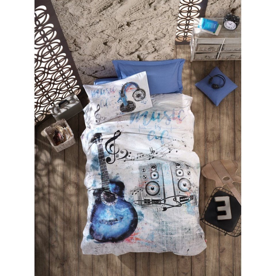 Cotton Box Genç Odası Tek Kişilik Nevresim Takımı Guitar Mavi