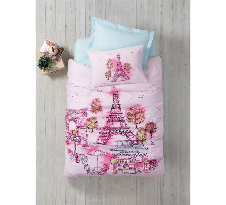 Genç Odası Tek Kişilik Lastikli Çarşaflı Nevresim Takımı Corisa Pembe