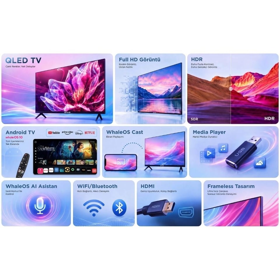 Televizyonlar Onvo ONVO 43VQ80F2FA 43 İnç 109 Ekran Full HD QLED Smart TV WhaleOS