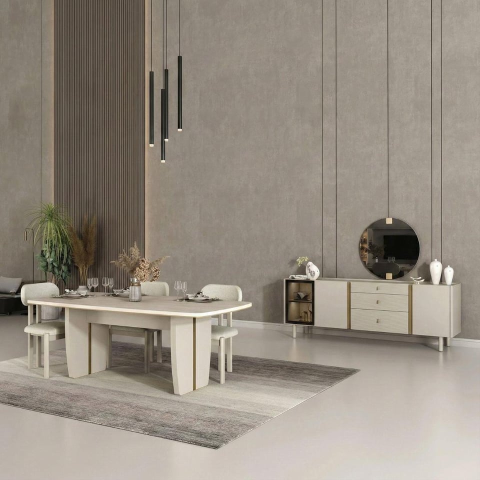 Yemek Odası Takımı Bismot Mobilya Renata Ünitesiz Yemek Odası Takım Aynalı 6 Sandalyeli Beyaz