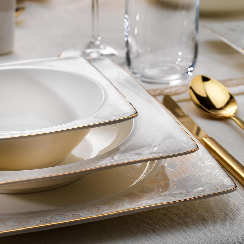 Yemek Takımları Schafer züccaciye Schafer 1S2407-01001-BYZ03 Glamor Poınt Kare Yemek Takım-60 Prç-Beyaz