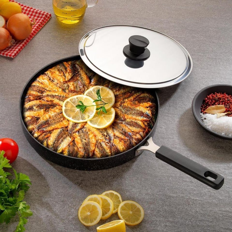 Tavalar Schafer züccaciye Schafer Fish Pan 32 Cm Kapaklı Granit Balık Tavası 2 Parça Siyah