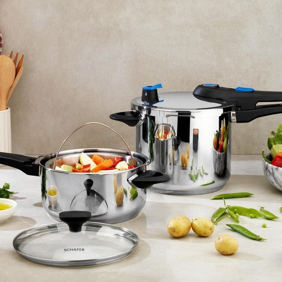 Düdüklü Tencere Schafer züccaciye Schafer Gusto Chef 4+7 Litre 4 Parça İnox Düdüklü Tencere Seti