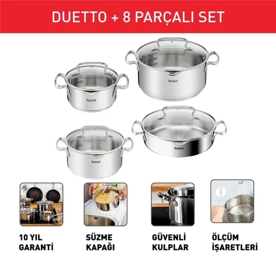 Bekleyen Urun Katalogu Tefal Tefal Duetto 8 Parça Çelik Tencere Seti 16/20/24cm (2100139450)