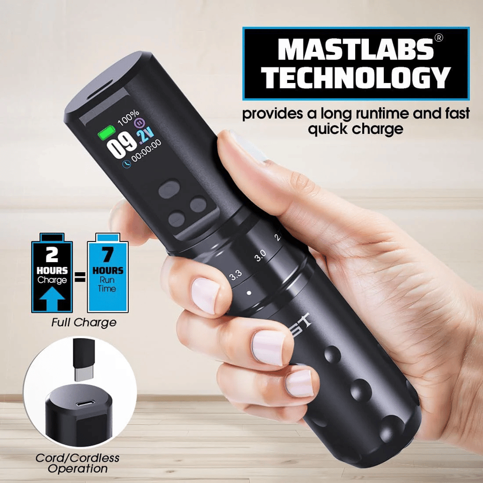 Mast Fold 2 Pro Ayarlanabilir Stroke 2.4-4.2mm Çift Bataryalı Kablosuz Dövme Makinesi - Siyah