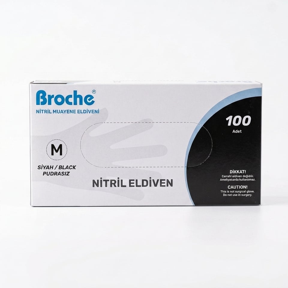 Broche Siyah Medium Pudrasız Nitril Dövme Eldiveni 100 Adet