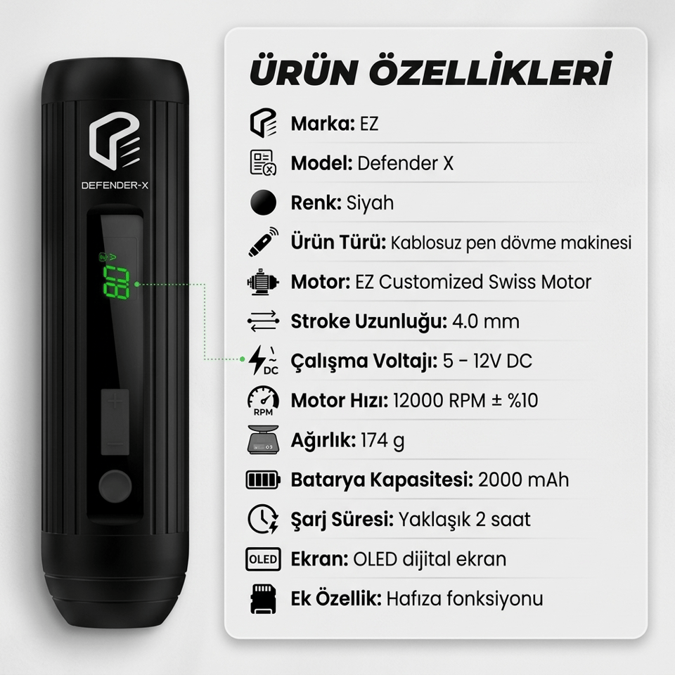EZ Defender X Black 4.0mm Stroke Kablosuz Pen Dövme Makinesi