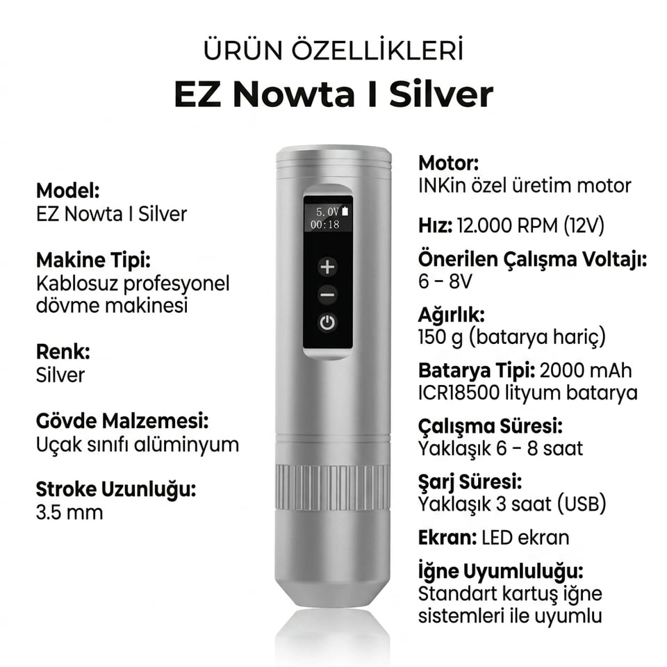 EZ Nowta I Silver 3.5mm Stroke Kablosuz Dövme Makinesi 2000mAh
