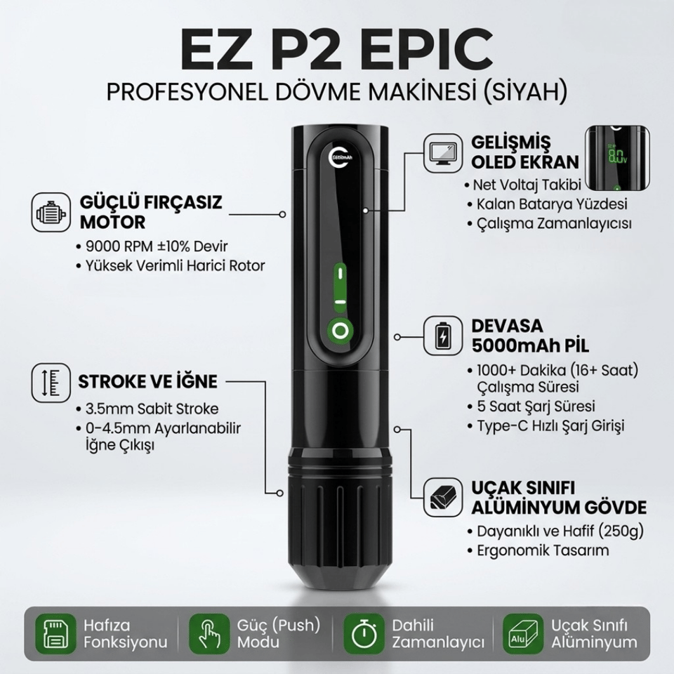 EZ P2 EPIC Siyah Direct Drive 3.5mm Stroke Kablosuz Dövme Makinesi