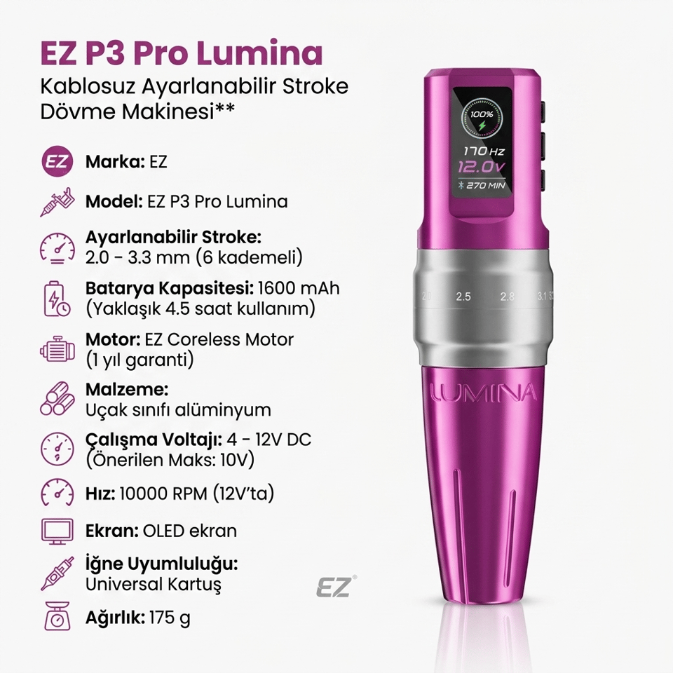 EZ P3 Pro Lumina 2.0–3.3mm Stroke OLED Kablosuz Dövme Makinesi Fuşya
