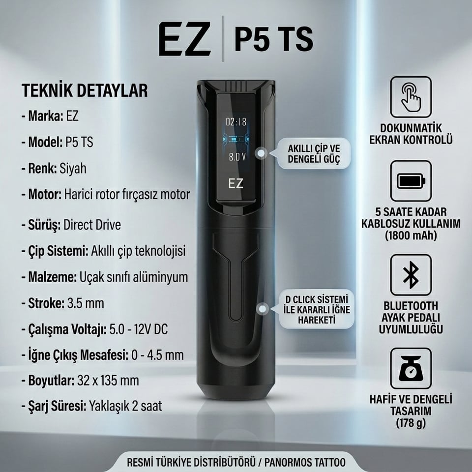 EZ P5 TS 3.5mm Stroke Dokunmatik Ekranlı Kablosuz Pen Dövme Makinesi Siyah