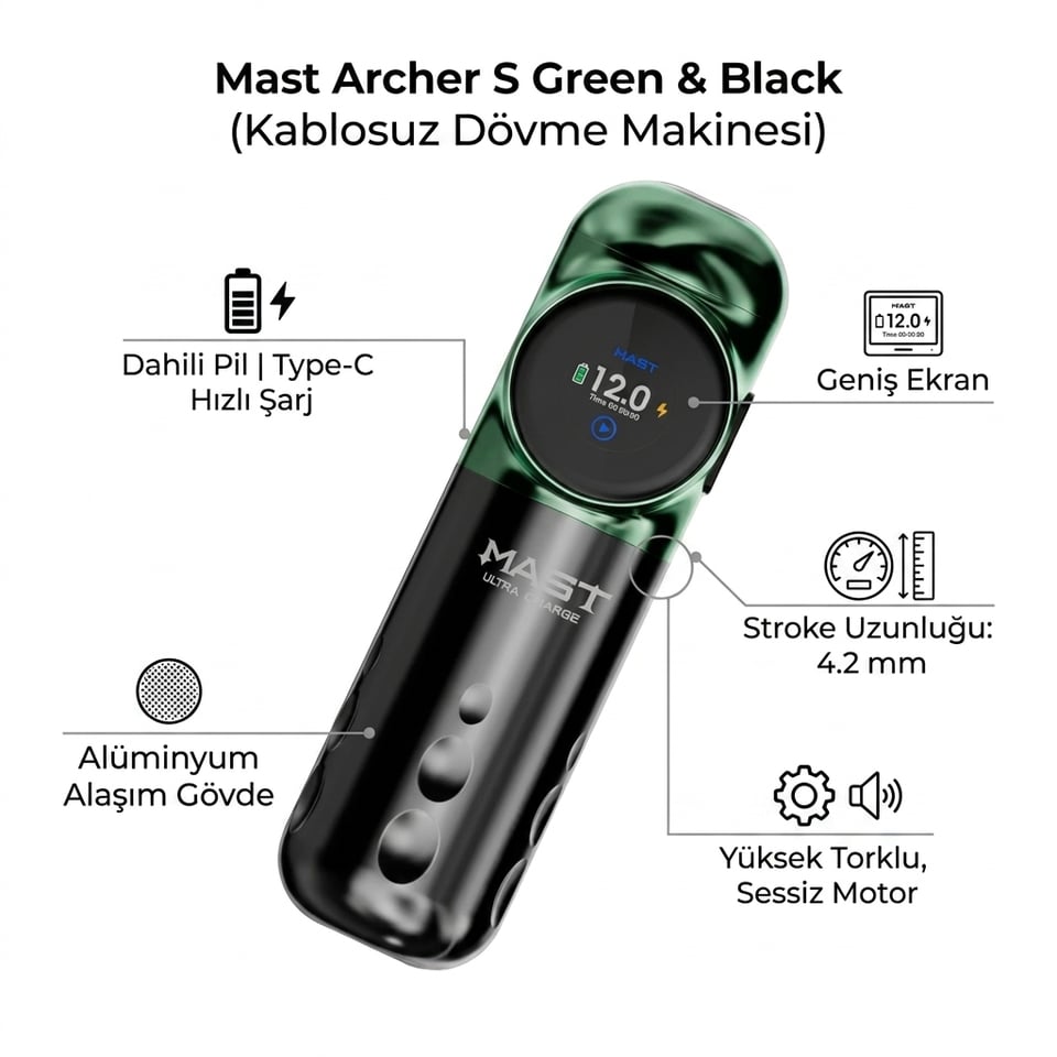 Mast Archer S Green & Black Kablosuz Dövme Makinesi 4.2 mm Stroke