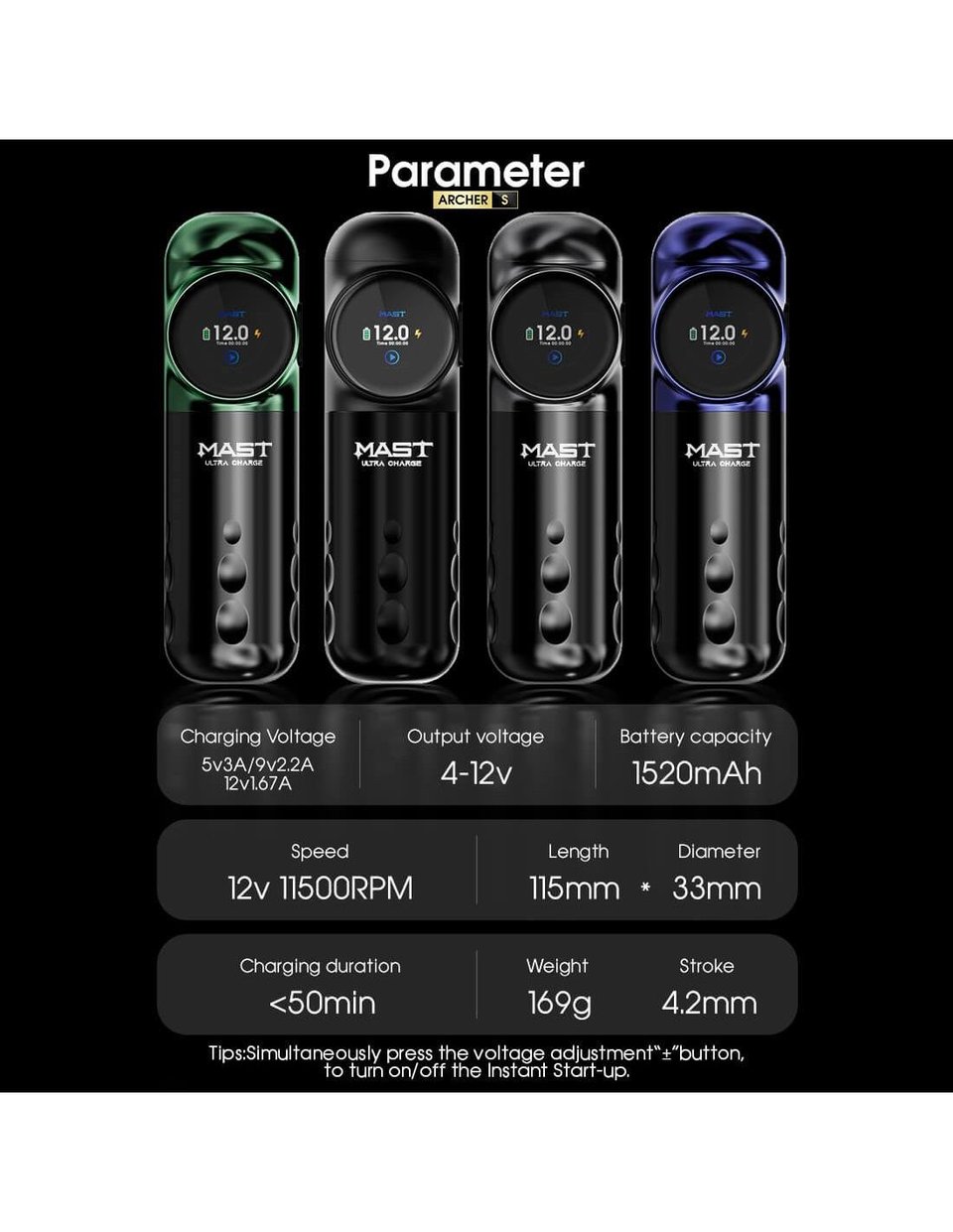 Mast Archer S Green & Black - Kablosuz Dövme Makinesi