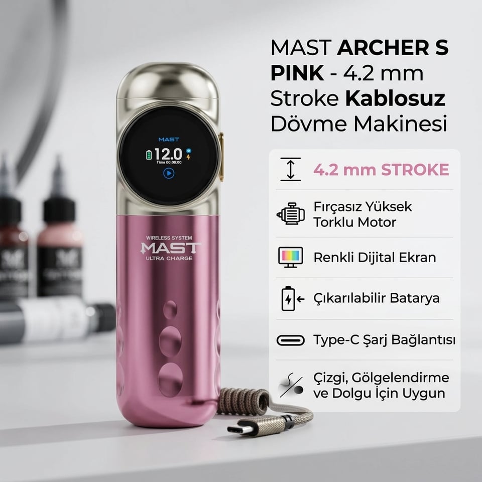 Mast Archer S Pink Kablosuz Dövme Makinesi 4.2 mm Stroke