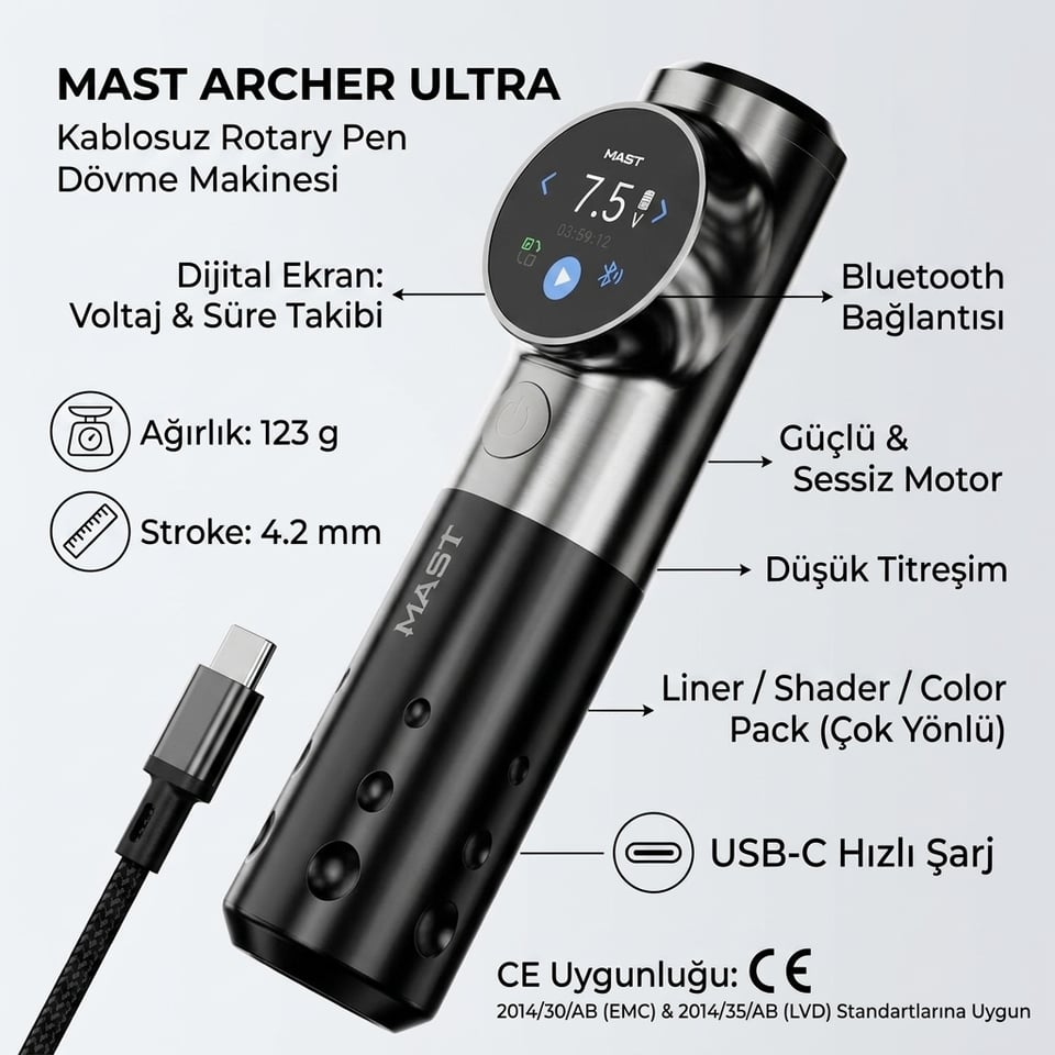 Mast Archer Ultra Bluetooth Kablosuz Dövme Makinesi 4.2 mm Stroke