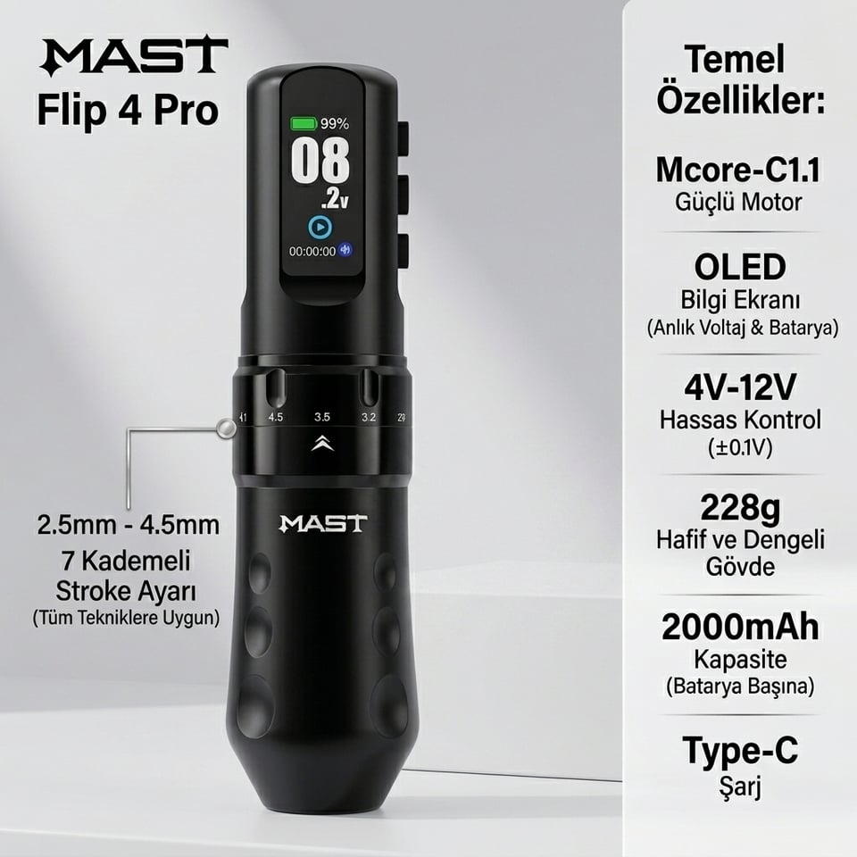 Mast Flip 4 Pro Kablosuz Dövme Makinesi Çift Batarya 2.5 mm - 4.5 mm Ayarlanabilir Stroke