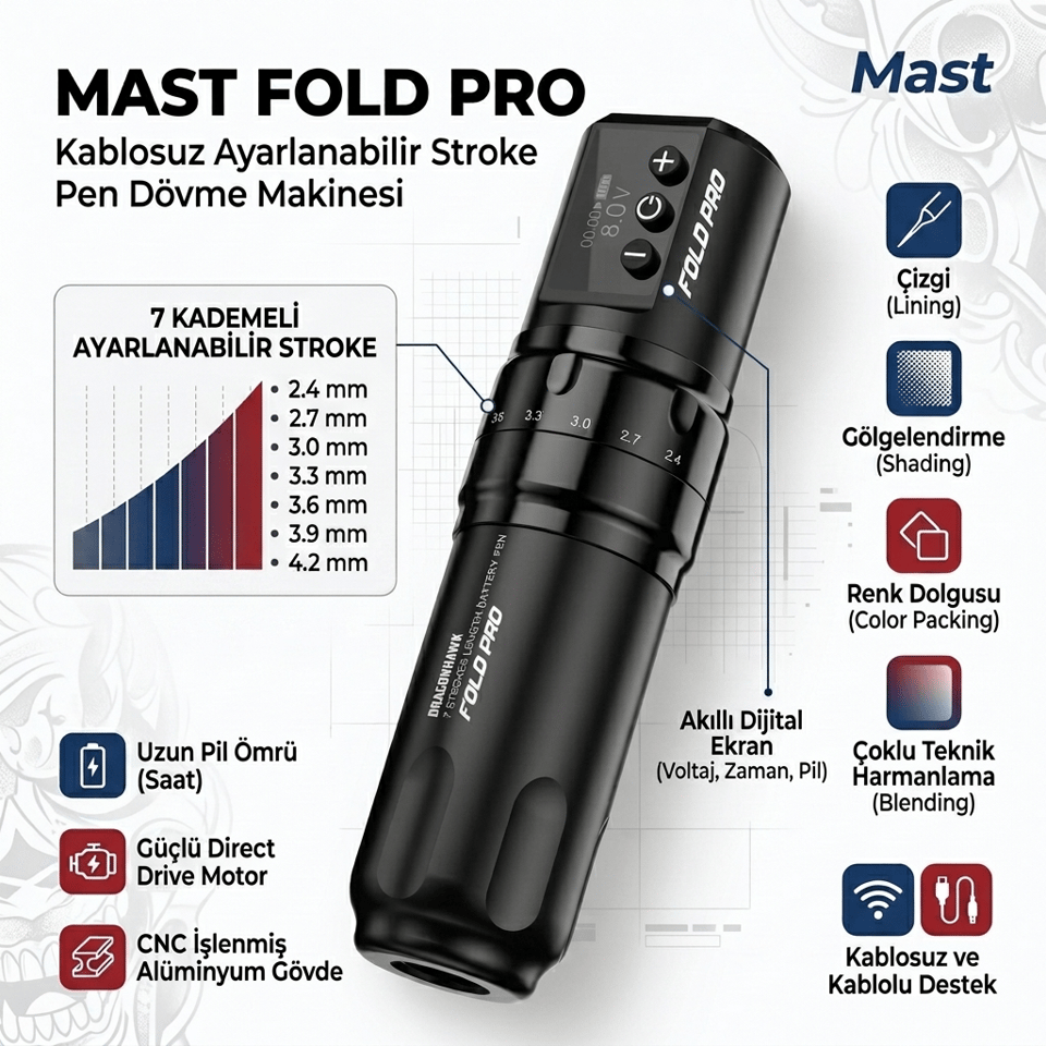 Mast Fold Pro Siyah Kablosuz Pen Dövme Makinesi 2.4 mm - 4.2 mm Ayarlanabilir Stroke