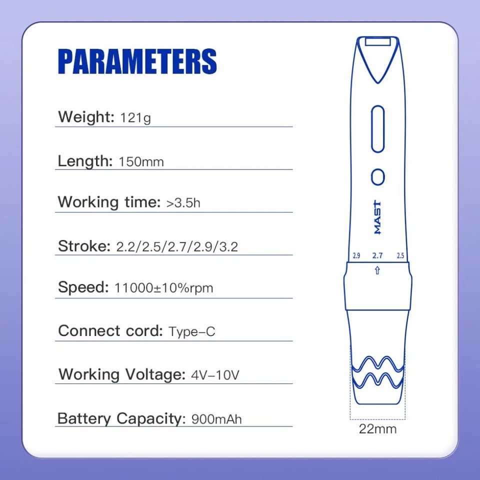 Mast P60 Purple Çift Bataryalı Kablosuz PMU Makinesi 2.2 mm - 3.2 mm Ayarlanabilir Stroke