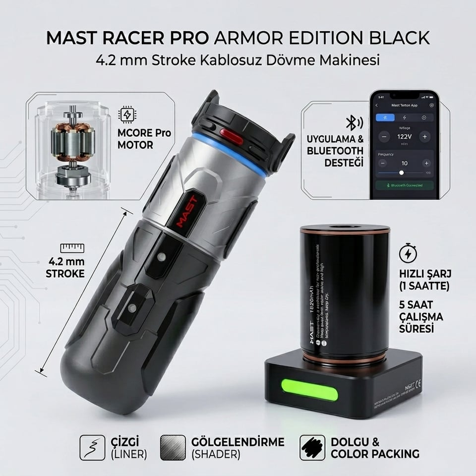 Mast Racer Pro Armor Edition Black Kablosuz Dövme Makinesi 4.2 mm Stroke