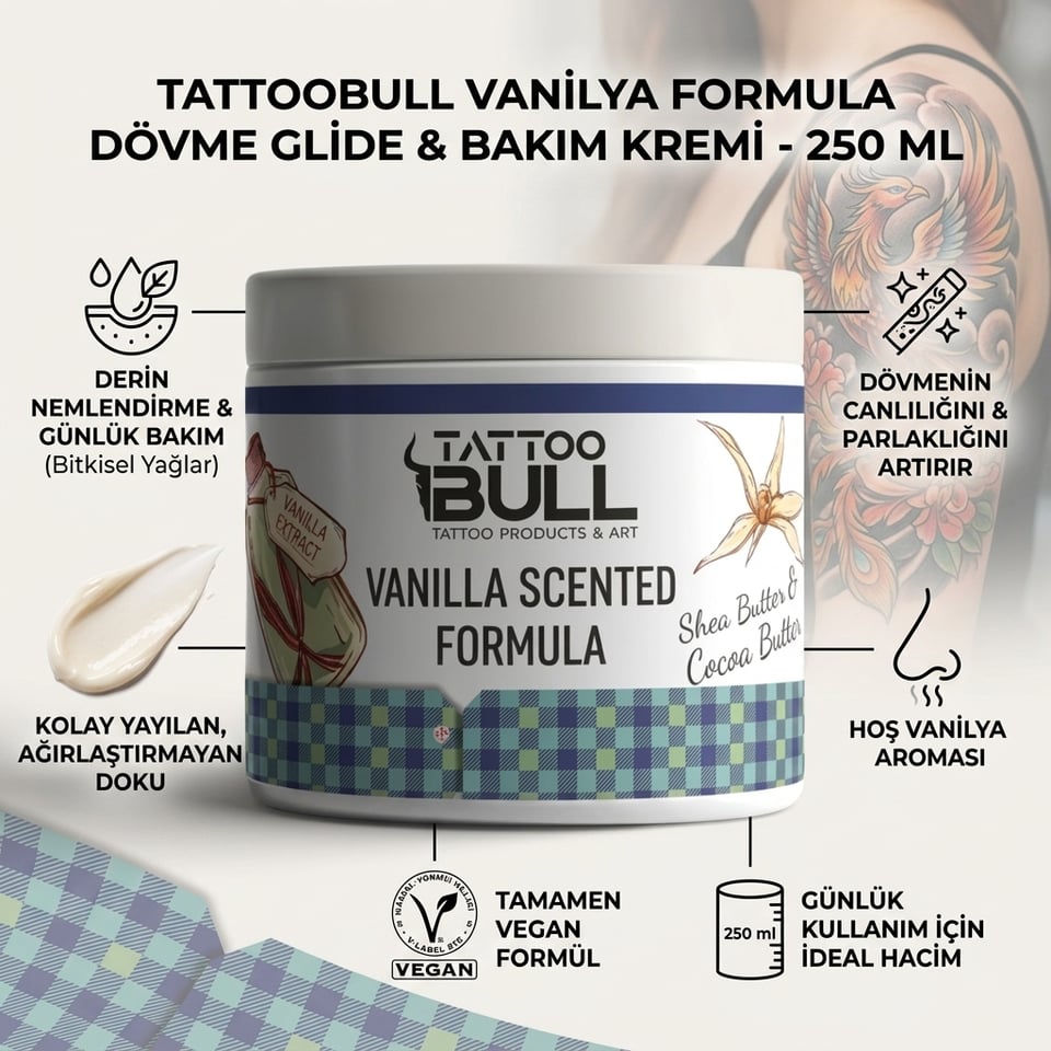 TattooBull Vanilya Formula Dövme Glide & Bakım Kremi 250 ml Vegan Formül