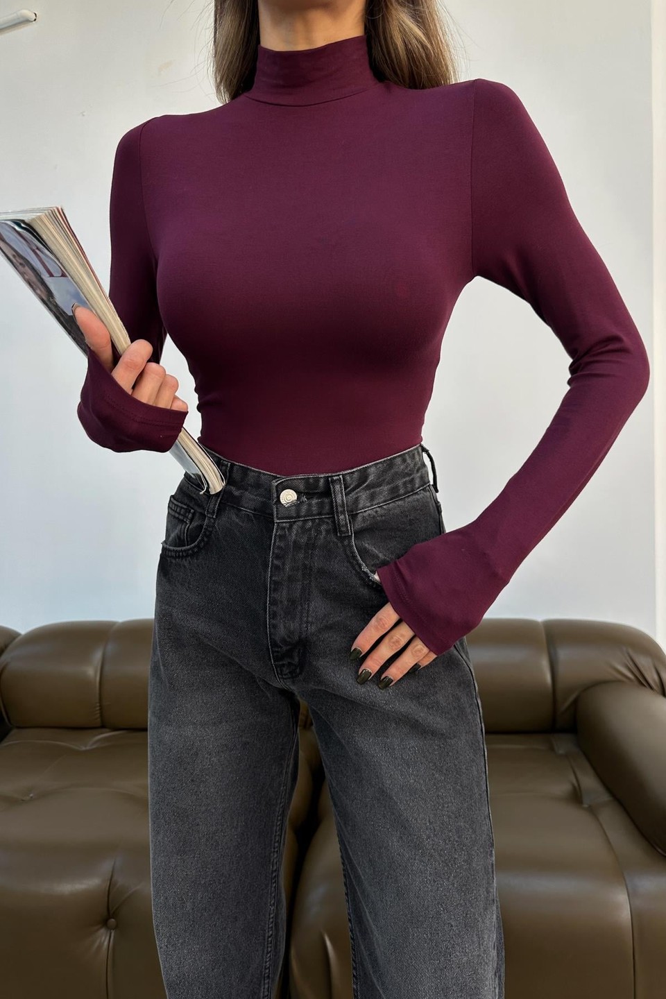 Dik Yaka Uzun Kollu Basic Bluz Bordo