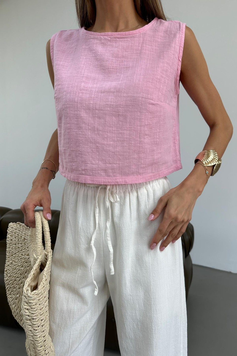 Keten Sıfır Kol Üst Pembe