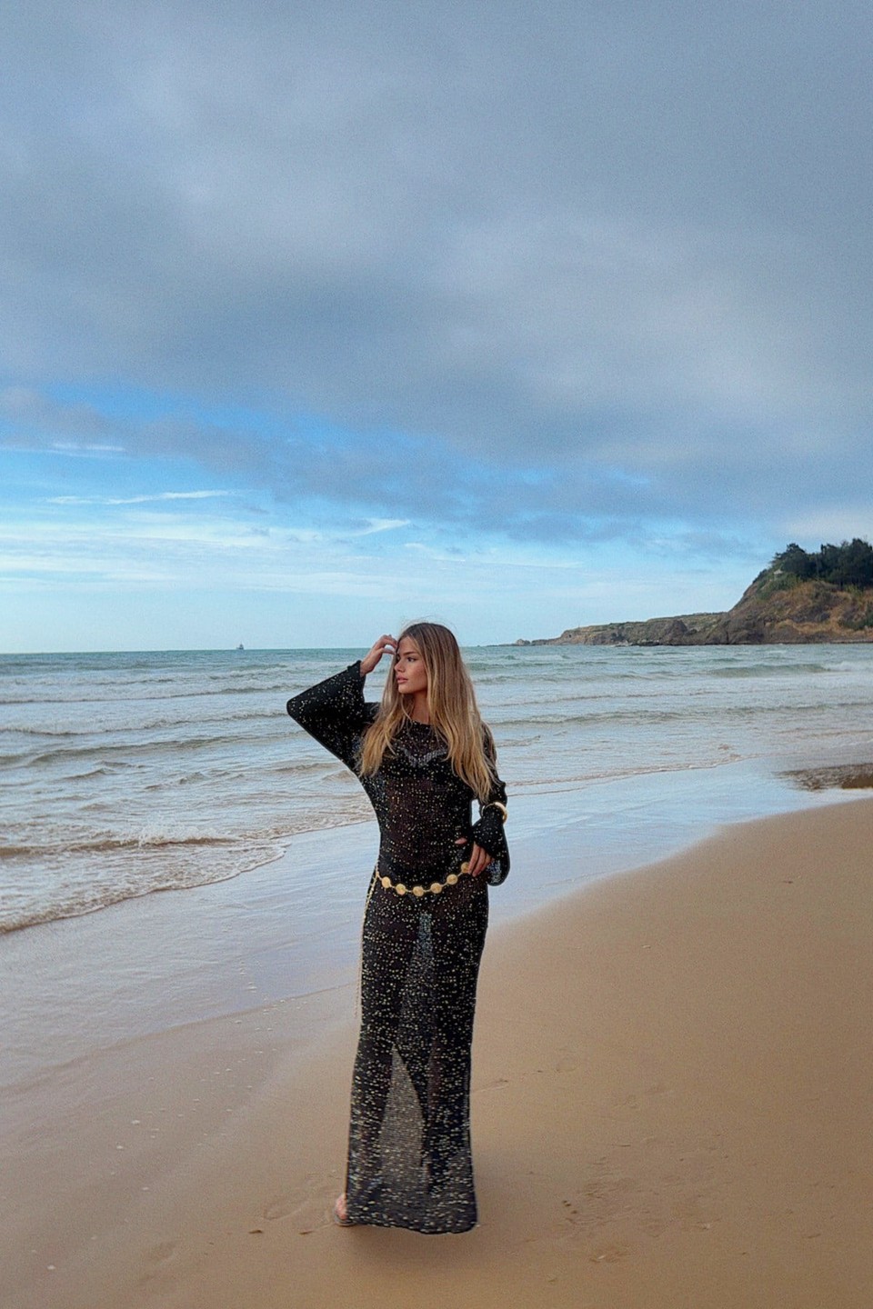 Pullu Beachwear Triko Elbise Siyah