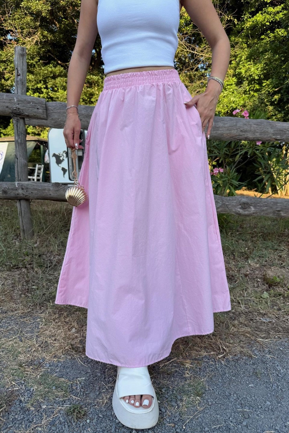 Poplin Street Kloş Etek Pembe
