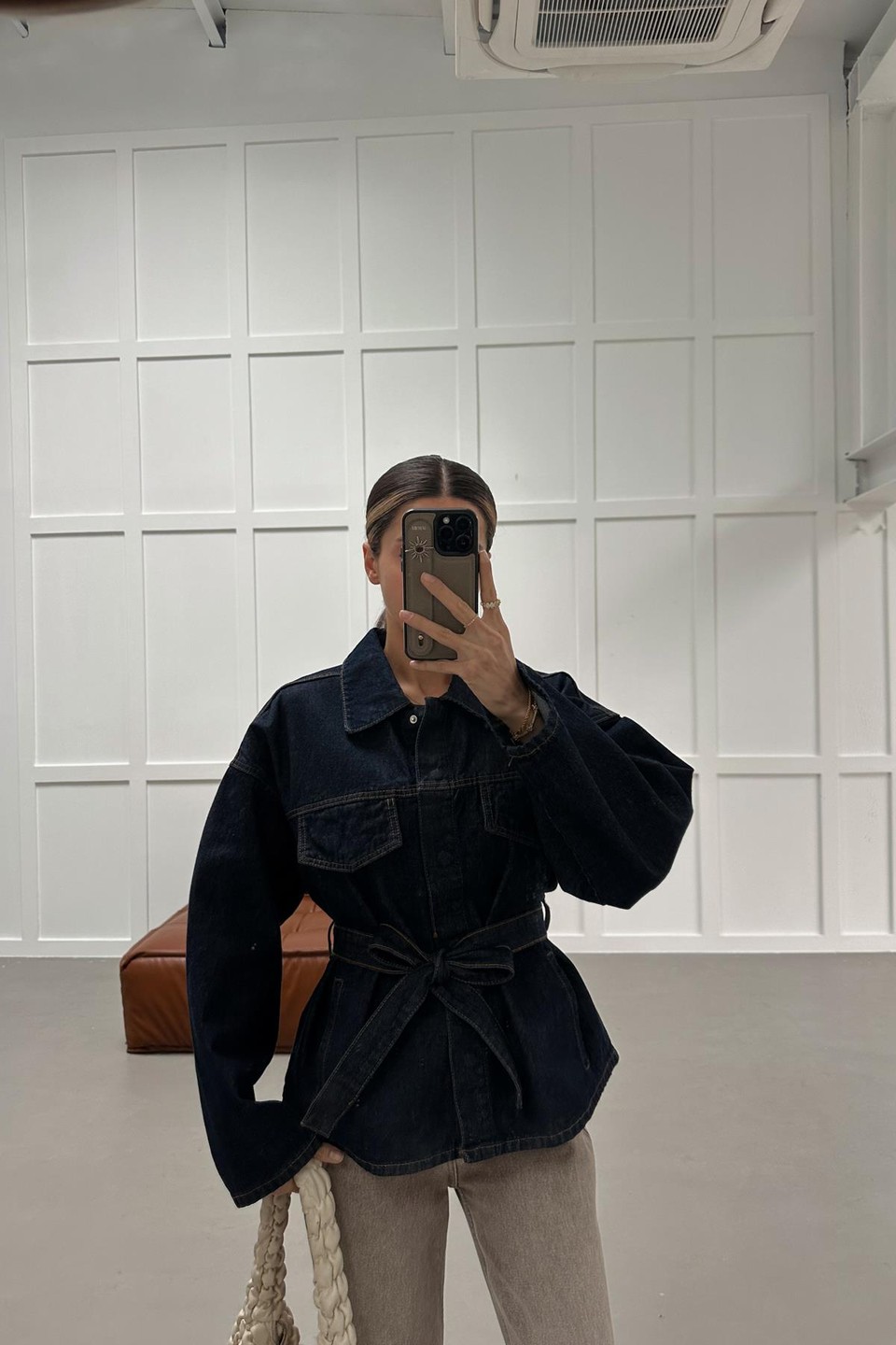 Kuşaklı Denim Gömlek Lacivert