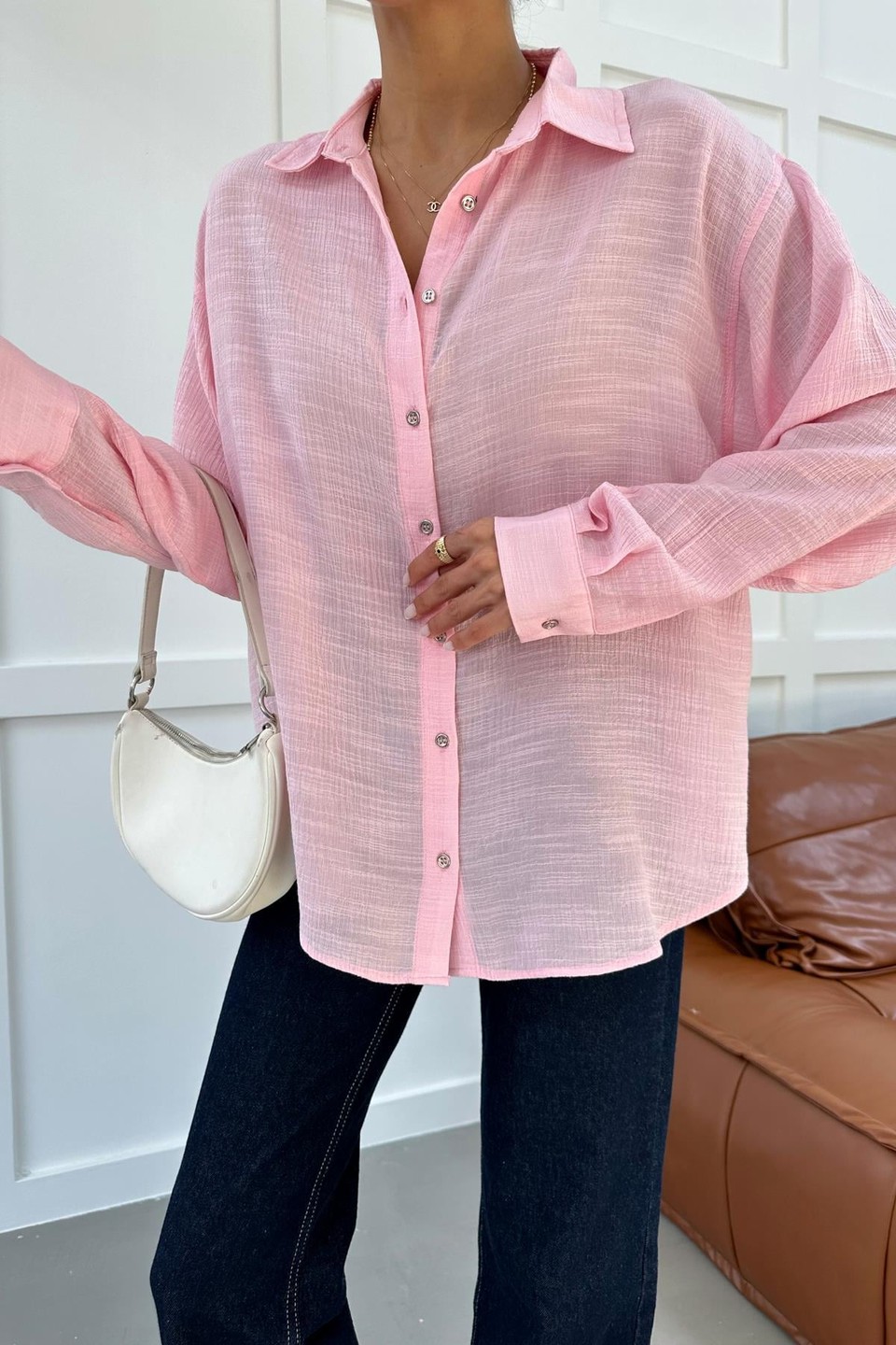 Oversize Dökümlü Gömlek Pembe
