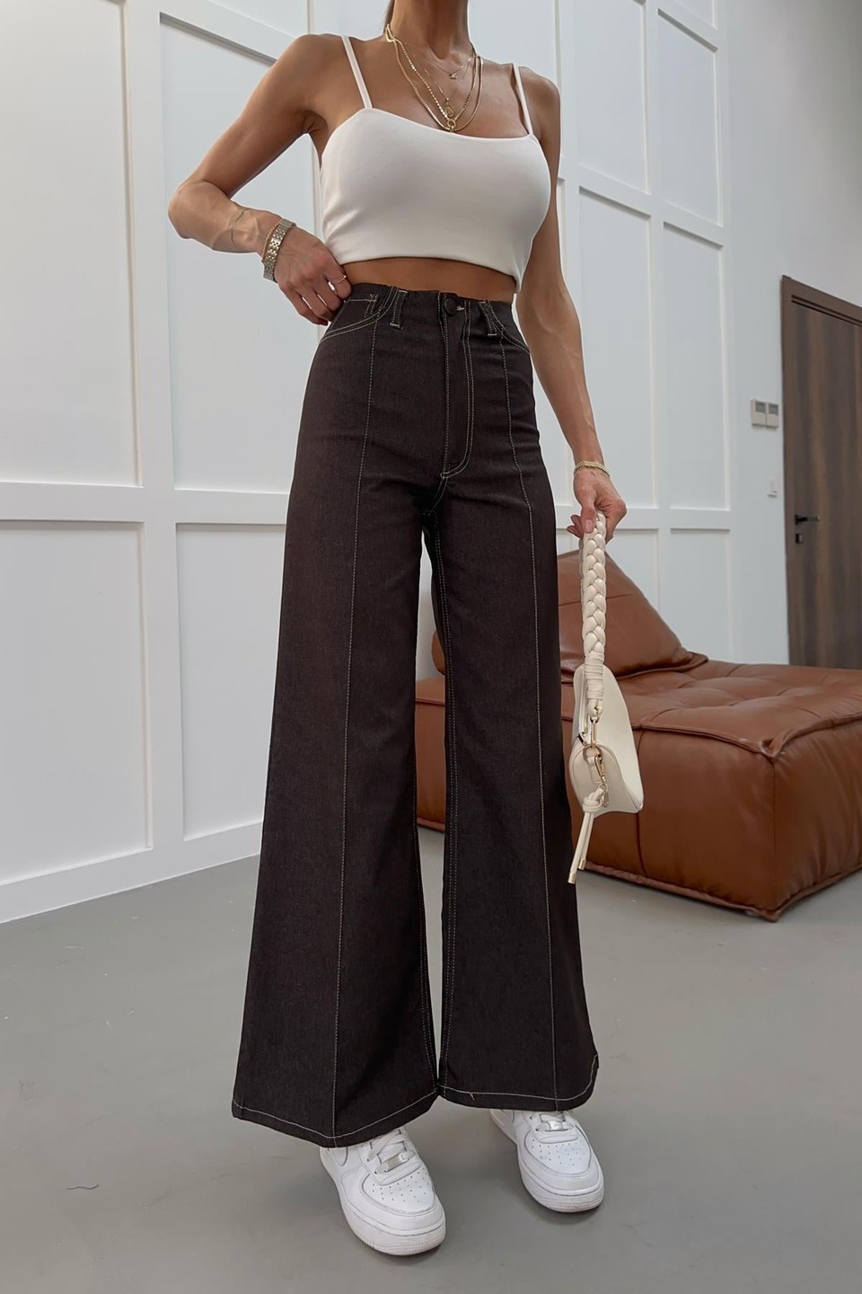 Dikiş Detay Wide Leg Jean Kahve