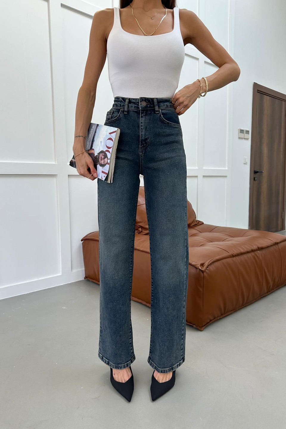 Yıkamalı Wide Leg Jean Pantolon Mavi