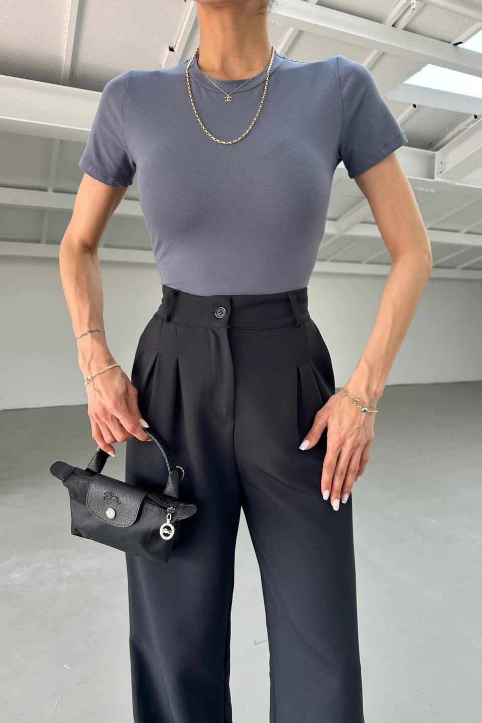 Yaka Dikişli Basic Tshirt Antrasit