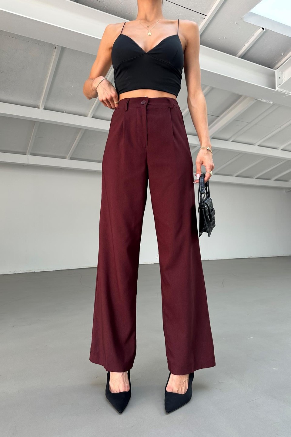 Arka Bel Lastik Palazzo Pantolon Bordo