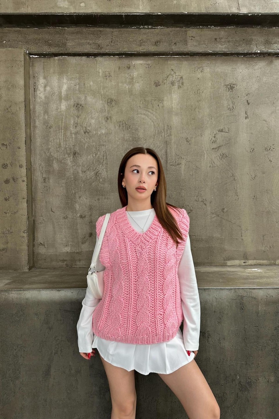 V Yaka Triko Örme Süveter Pembe