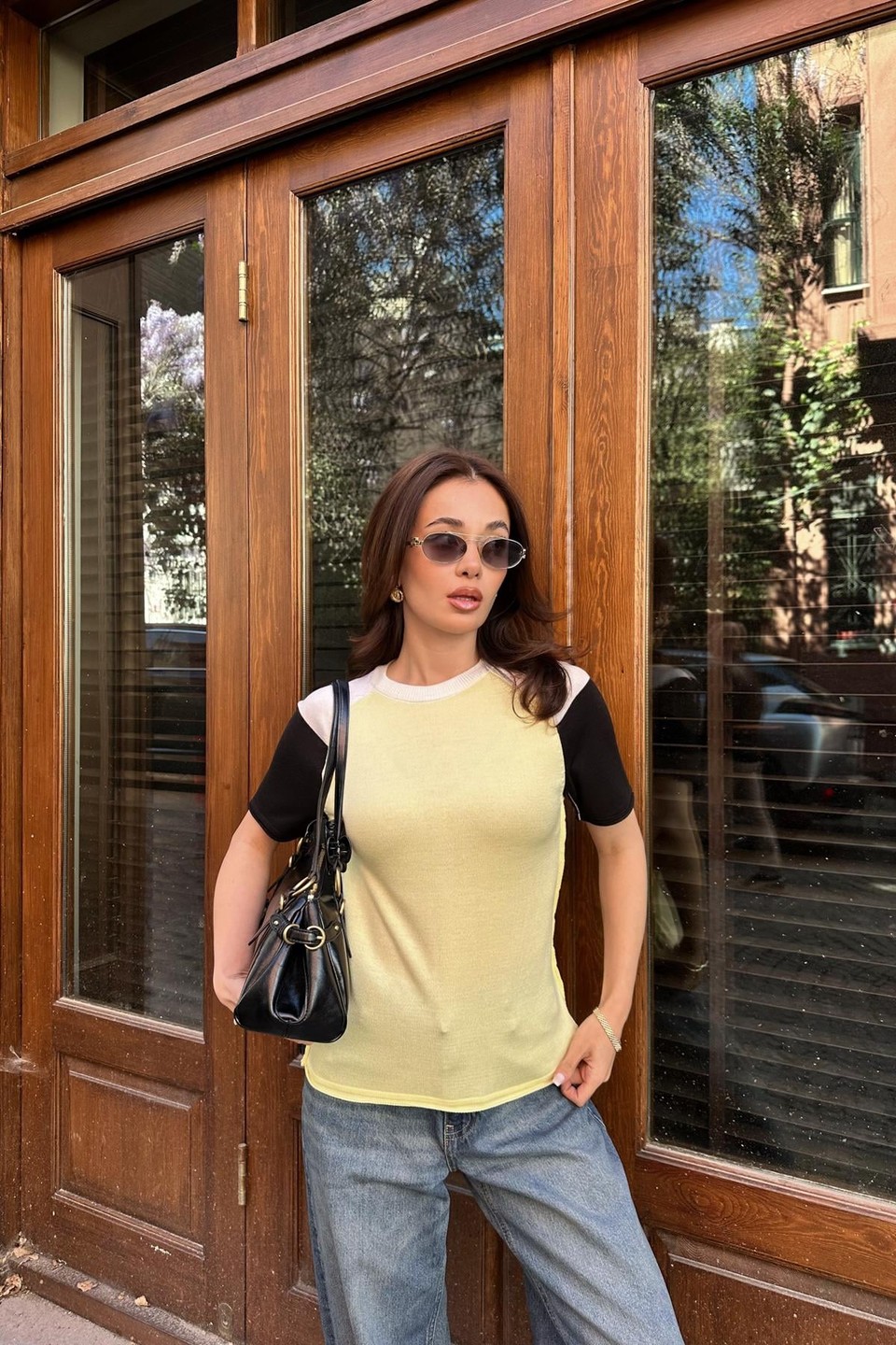Kontrast Reglan Kol Triko Tshirt Sarı